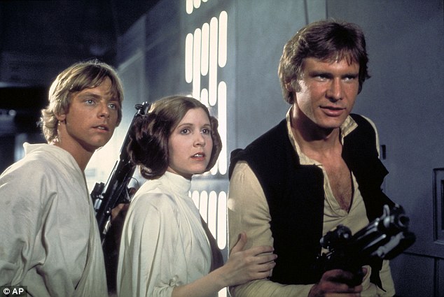 Original cast: Mark Hamill as Luke Skywalker in Star Wars: Episode IV, A New Hope from 1977 with Carrie Fisher as Princess Leia and Harrison Ford as Han Solo