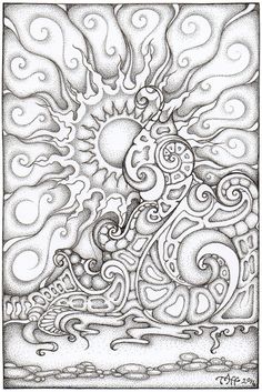 a drawing of a sun with swirls and clouds in the background, as if it was