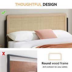 the headboard is made from wood and has two pillows on it, one for each side