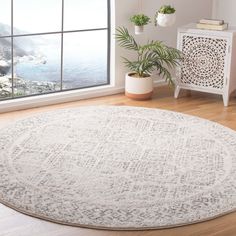 a large round rug in front of a window with potted plants on the floor