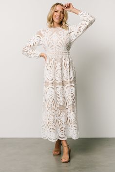 Eldora Lace Midi Dress | Off White Beige Maxi Dresses, Baltic Born, Midi Dress Style, Baptism Dress, Mom Dress, Bride Clothes, Lace Midi, Lace Midi Dress, Long Sleeve Midi