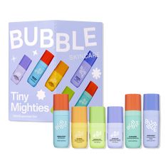 Tiny Mighties Mini Essentials Set - WISH LIST THE CUTIES SETBenefitsEach box is perforated so you can easily share some with friendsBoosts radiance and helps brighten dark spotsHelps support the skins natural moisture barrierHelps soothe, nourish, and hydrate dry skinBrightens and depuffs under eyesContains a full, trial-friendly Bubble routineDeveloped with dermatologists, co-created with the Bubble communityKey IngredientsVitamin C (Day Dream) promotes a bright, smooth, even complexion and hel Skincare Kit Gift, Kids Skin Care Products, Mini Skincare Products, Girly Christmas List, Good Christmas Gifts For Teenagers, Best Teen Gifts, Preppy Stocking Stuffers, Skincare For Kids, Mini Essentials