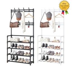 two shelves with shoes and hats hanging from the top, one shelf has an umbrella on it