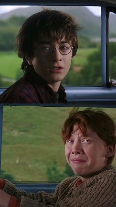 harry potter and hermile in the back seat of a car looking at each other