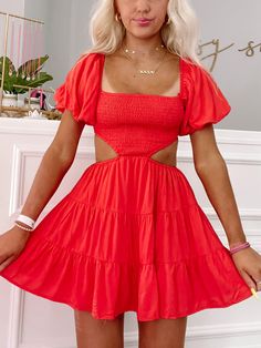 Clementine Cutie Red Dress | sassyshortcake.com | Sassy Shortcake Dresses With Cutouts, Cute Dresses Summer, Sassy Shortcake, Cute Formal Dresses, Beachy Dresses, Cute Country Outfits, Preppy Summer Outfits, Preppy Dresses