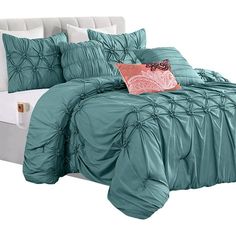 Introducing the Ella 12-Piece Comforter Set by Mocassi - the perfect addition to your bedroom dcor. This modern bed-in-a-bag includes matching shams, a 6-piece sheet set, and decorative pillows, providing a complete bedding solution. Each set will include a unique fitted sheet with double-sided storage pockets, which allow you to keep your bedtime essentials within reach. Glasses, books, remote controls, and cell phones, making it ideal for those who like to have everything they need nearby. Cra Dusty Rose Comforter, Mint Green Comforter, Mint Green Bedding, Smart Sheet, Pintuck Comforter, Green Comforter Sets, Rose Comforter, Velvet Comforter, Grey Comforter Sets