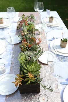 a long table is set with succulents and candles for an outdoor dinner