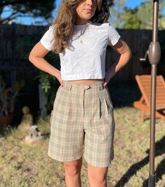 "Vintage 80's TAIL Beige Plaid High Waisted Long Cut Shorts - Size 6 Front pleats Side pockets  Double button & zip closure  Colors: Beige, green, red and brown Made in Colombia  Measurements (laid flat, not doubled): Waist: 13\" Hips: 18\" Rise: 13.5\" Inseam: 8\" Full length: 19.5\" Condition: Great. No noticeable damage." Vintage Plaid Shorts Outfit, Cheap Casual Plaid Shorts, Vintage Green Bottoms With Built-in Shorts, Vintage Green Short Bottoms, Pattern Shorts Outfit, Grey Shorts Outfit, Plaid Shorts Outfit, Striped Shorts Outfit, Styling Shorts