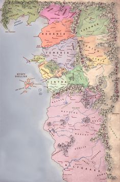 an old map of the middle ages with lots of different colored areas and lines on it