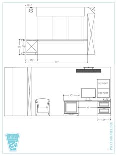 a drawing of a room with furniture and measurements for the wall mounted cabinet, tv stand, and desk