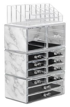 Tired of searching for your favorite products? Whether you   re a beauty beginner or glam guru, you now have a place to display your essentials. This large 4-piece makeup organizer by Sorbus is a stylish way to store your beauty collection. It features twelve drawers total (both small and large) with a sleek clear view. The top tray compartment includes sixteen slots, perfect for dividing your makeup brushes, lipsticks, perfume bottles, skincare, and more. With an interchangeable design, this en Pakistani Bridal Makeup Hairstyles, Clear Makeup Organizer, Pakistani Bridal Makeup, Gift Makeup, Makeup Hairstyles, Room Redesign, Make Up Organiser, Plastic Items, Makeup Organizer