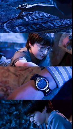 two different images of a boy with glasses and a watch on his arm, both showing the same time