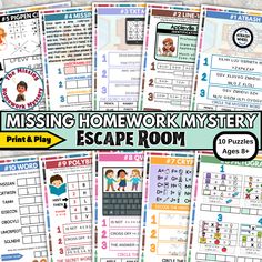 the missing homework mystery escape room is shown in this printable activity pack for kids