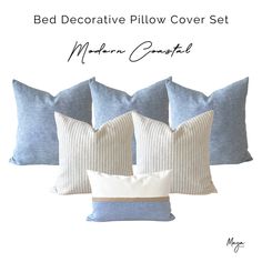 four blue and white pillows with the words bed decorative pillow cover set written below them