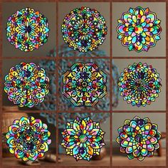 four different images of stained glass in various shapes and sizes, each with an intricate design