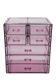 an image of a purple drawer with drawers on it's sides and the bottom section open