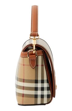 Burberry check patterns this coated-canvas bag trimmed in topstitched leather, accented with gleaming hardware and convertible from crossbody to clutch. Magnetic-snap flap closure Removable top carry handle; removable, adjustable crossbody strap Interior card slot Textile with leather trim Made in Italy Designer Handbags Burberry Handbags, Burberry Crossbody Bag, Everyday Handbag, Burberry Women, Small Crossbody Bag, Burberry Bag, Color Oro, Handle Bag, Check Pattern