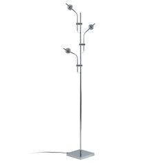 a metal floor lamp with three lights on each side and one light on the other