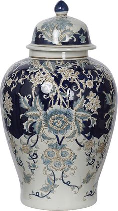 an ornate blue and white urn with lid