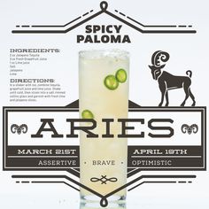 a tall glass filled with liquid and limes next to an advertisement for aries