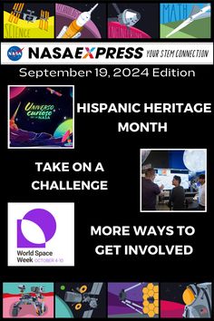 Between two colorful banners depicting NASA missions, 3 highlights from the STEM EXPRESS Newsletter are highlighted with bold white text and a supporting image - Hispanic Heritage Month, Take on a Challenge, More Ways to get Involved. Mars Architecture, Mars Landing, Nasa Moon, Data Science Learning, Science Learning, Hispanic Heritage Month, Hispanic Heritage, Heritage Month, September 19