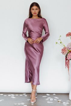 Shop the Loveland Cowl Back Midi Dress Grape | Selfie Leslie Modest Wedding Guest Dress, Midi Dress Classy, Midi Dress Formal, Modest Bridesmaid Dresses, Grad Dresses, Midi Dress With Sleeves, Long Sleeve Midi Dress, Classy Dress, Modest Dresses