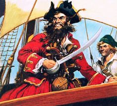 an image of a pirate on the ship with two men looking at something in his hand