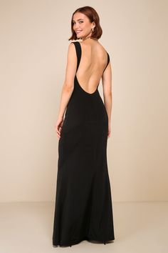 Black Backless Gown - Slinky Knit Gown - Cowl Neck Maxi Dress - Lulus Black Maxi Wedding Guest Dress, Black Formal Dress Lulus, Backless Drape Dress, Back Of The Dress Ideas, Cute Backless Dress, Backless Turtleneck Dress, Backless Black Dress Long, Black Evening Gown Elegant, Black Formal Dress Long Classy