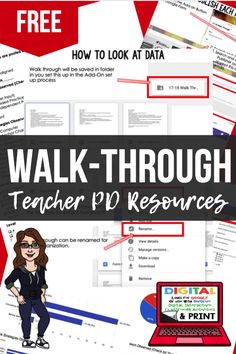 a poster with text that reads walk through teacher d's resources and an image of a woman standing in front of a laptop