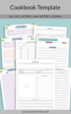 the printable cookbook template is shown in three different colors and sizes, with text on