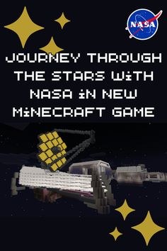 Boxy white text reads, "Journey Through the Stars With NASA in New Minecraft Game." Below that, a preview image of the Minecraft world inspired by NASA’s James Webb Space Telescope. Credit: Minecraft