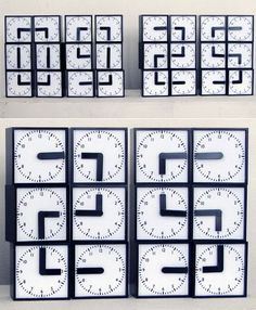 four clocks with different times on them are shown in black and white, each showing the same time