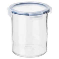 a clear plastic container with a blue lid