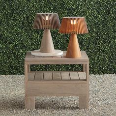 two lamps sitting on top of a wooden table in front of a green hedge wall