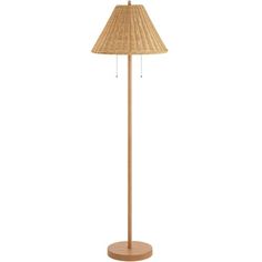 a floor lamp with a wooden base and a light shade on it's side