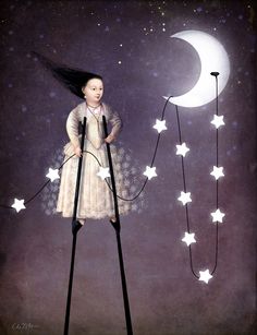 a girl with long hair standing on top of two poles in front of the moon