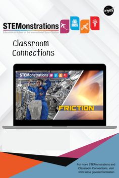 A video thumbnail of astronaut Jasmin Moghbeli is on the screen of a cartoon laptop computer. The Thumbnail reads, "STEMonstration Friction." Behind the laptop is a grey background with geometric patterns and the purple, blue, orange, and red STEMonstrations logo. Technology, Shooting Stars, Jasmin Moghbeli, Nasa Astronaut, International Space Station, Shooting Star, Space Station, Have You Ever