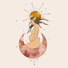 a woman is sitting on the moon with her hair blowing in the wind and stars around her