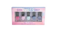 Step into spring with this good vibes nail polish set of pretty pastel colors. Sporting five versatile hues, this set makes a great way to update your manicure collection. | 5-Piece Good Vibes Only Nail Polish Set | Big Lots Pretty Pastel Colors, Nail Polish Set, Nail Polish Sets, Big Lots, Pretty Pastel, Good Vibes Only, Beauty Nails, Pastel Colors, Good Vibes