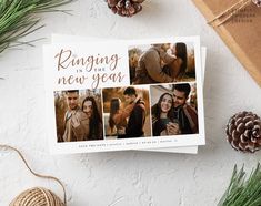 a christmas card with three photos and pine cones on the table next to it is an envelope that says, ring in the new year