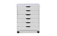 a white dresser with five drawers and black knobs on the bottom drawer, against a white background