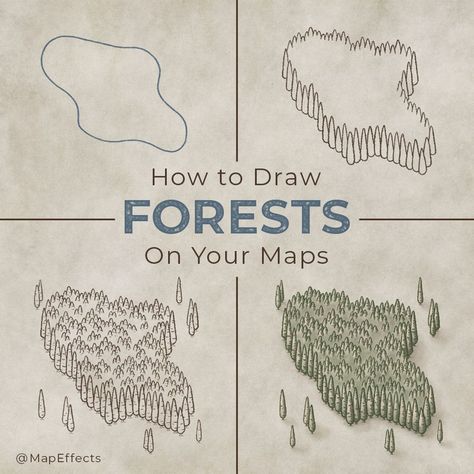 How to Draw Forests Fantasy Land Map Drawing, How To Draw Forests On A Map, How To Draw Trees On A Map, How To Draw Forest Trees, Old Map Drawing, Rice Fantasy Map, Map Trees, Fantasy Map Drawing, Ako Kresliť