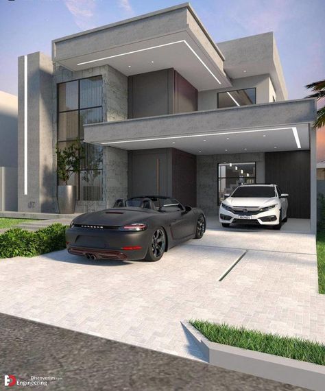 Top 51+ Modern House Design Ideas With Perfect Garage Car For 2022 - Engineering Discoveries House Elevation Ideas, Elevation Ideas, Narrow House Designs, Front Wall Design, Garage Car, House Balcony Design, Modern Small House Design, Small Modern Home, Building Plans House