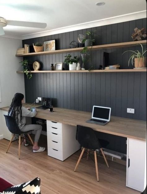 Long desk design supports collaborative work sessions Home Office With Shelving, Long Desk With Storage, Home Double Office Ideas, Dual Office Setup, Office With Long Desk, 2 Desk Home Office Ideas, Office Room Ideas Home For Two, Office Dual Desk, Long Study Desk