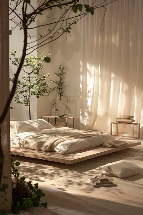 Create a rustic retreat with these 20 organic modern bedroom ideas. Infuse cozy comfort into your space with organic textures, warm hues, and minimalist accents for a welcoming ambiance. #RusticRetreat #CozyComfort #OrganicModern Bedroom Inspiration Cozy Minimalist, On Floor Bed Ideas, Organic Rustic Bedroom, Japanese Interiors Minimalistic, Organic Aesthetic Home, Zen Minimalist Bedroom, Organic Apartment Decor, Rustic White Bedroom Ideas, Interior Inspo Bedroom