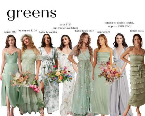 Mixed Green Floral Bridesmaid Dresses, Bridesmaid Ruffle Dress, Green Multicolor Bridesmaid Dresses, Light Green Mismatched Bridesmaid Dresses, Mismatched Green Bridesmaid Dresses Color Schemes, Mix And Match Bridesmaid Dresses Spring, Purple And Green Bridesmaids, Floral Bridesmaid Dresses Green, Green Garden Party Dress