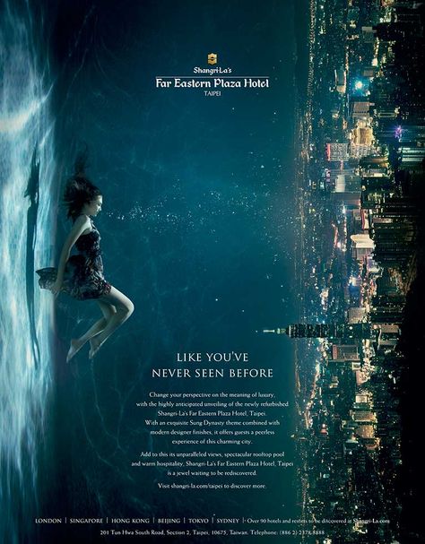 Underwater photographic advertising campaigns for Mastercard, Shangri-La, B&H, Greenpeace and Silent Pool are amongst Zena Holloway's commissioned work. Advertising Inspiration, Hotel Advertising, Posters Conception Graphique, Hotel Ads, Shangri La Hotel, Desain Editorial, Plakat Design, Shangri La, Creative Ads