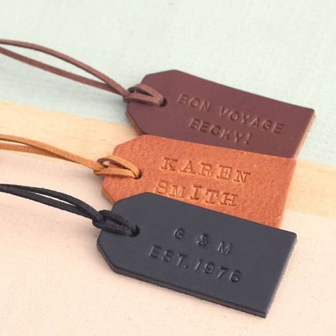 The Most Interesting Wedding Favours You Can Give This Year! Leather Bag Tag, Suitcase Tags, Leather Anniversary Gift, Leather Luggage Tag, Leather Anniversary, Personalized Luggage, Design Name, Leather Luggage Tags, Leather Label