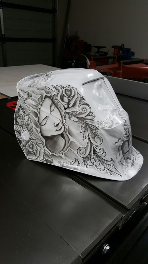 Cool Welding Helmets, Welding Mask Drawing, Painted Welding Helmet, Custom Painted Welding Helmet, Welding Helmet Art, Custom Welding Hoods, Custom Welding Helmets, Welder Tattoo, Welding Tattoo