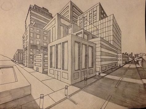 2-point perspective has two vanishing points and the objects a place at an angle the the viewer. 2 Point Perspective City, Perspective City, 2 Point Perspective Drawing, 2 Point Perspective, 1 Point Perspective, Perspective Sketch, 8th Grade Art, Perspective Drawing Architecture, Perspective Drawing Lessons